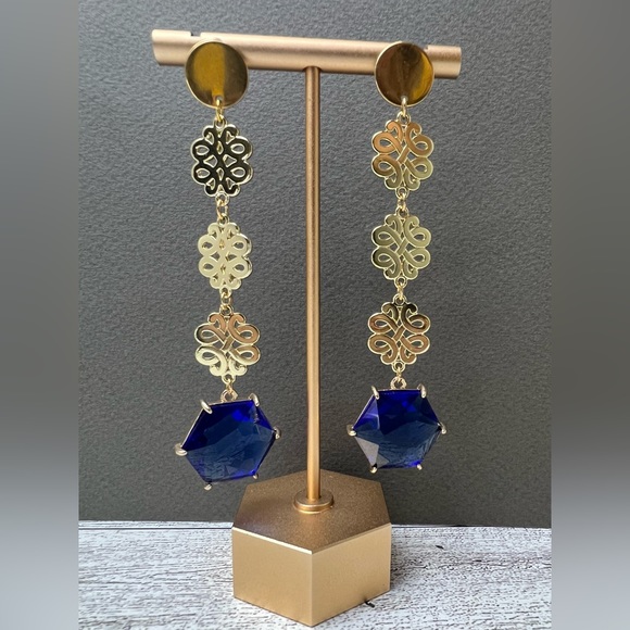 Elegant Dark Blue Dangle Statement Earrings - Long Stylish Wedding Earrings - Picture 6 of 10